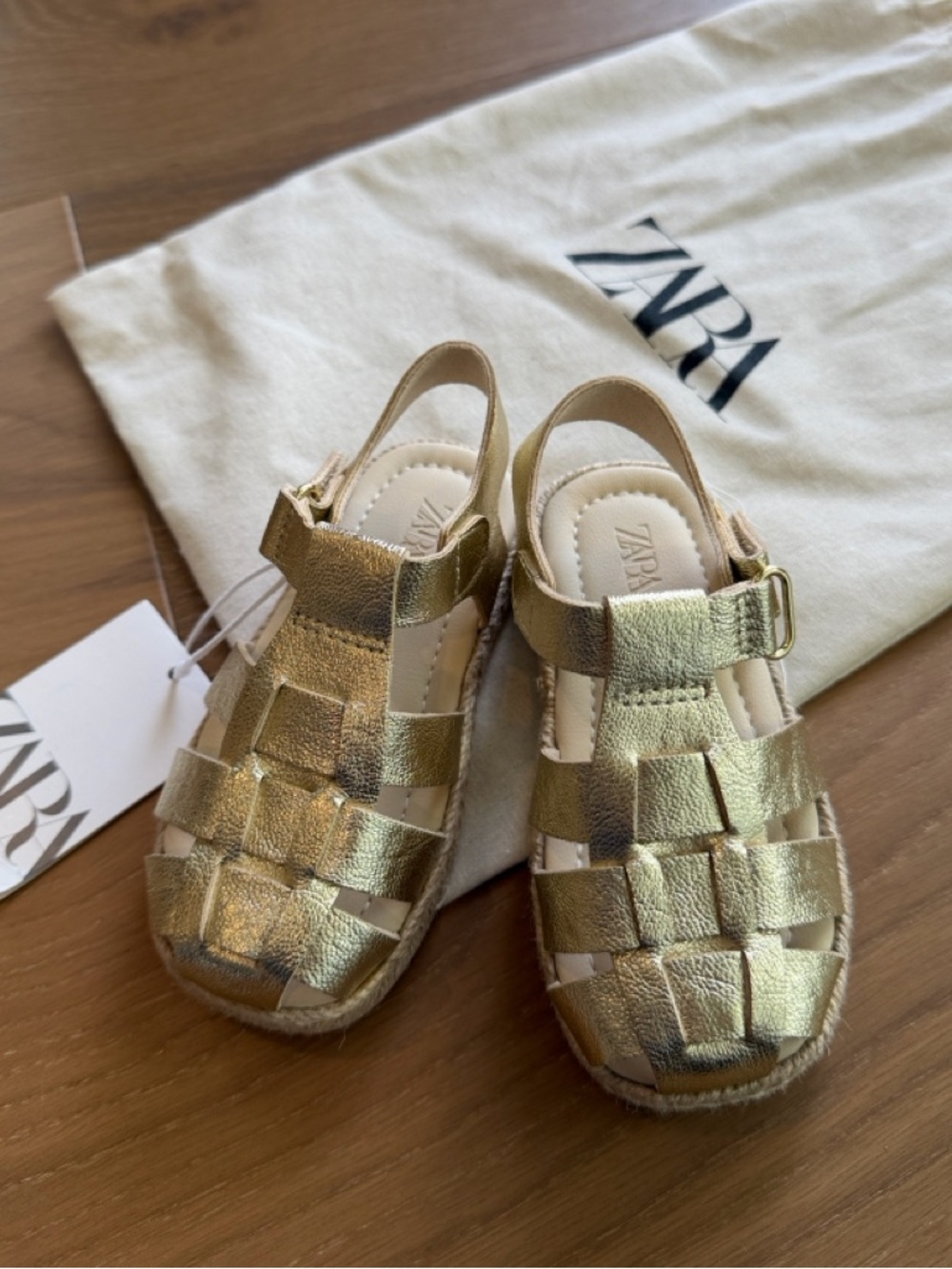 Zara Metallic Gold Kids Woven Fisherman Sandals